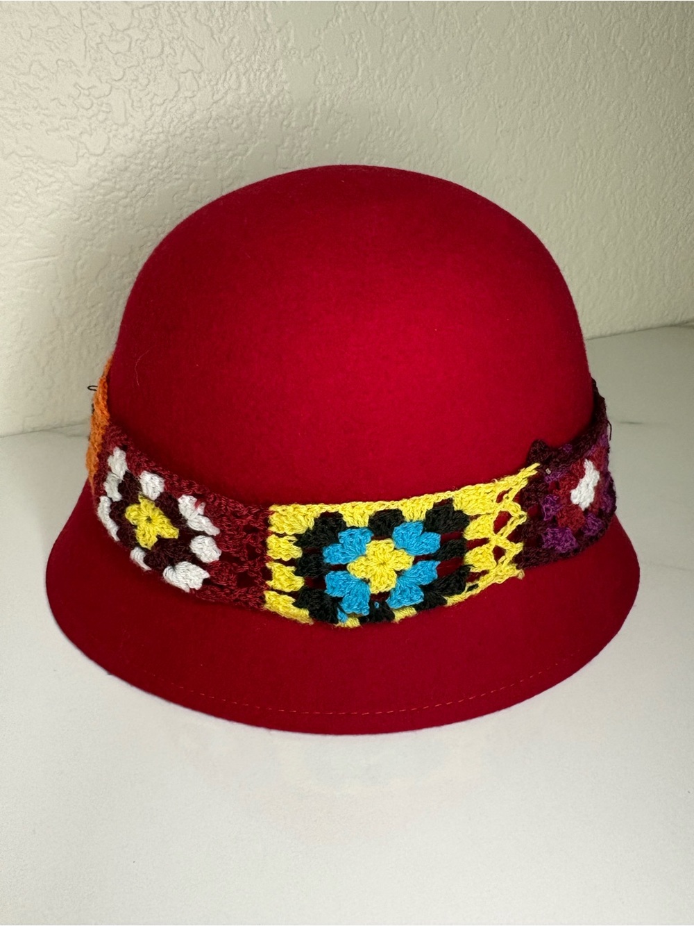 Cha-Cha’s Red Wool Cloche Hat Crochet Tie Band Boho One Size
